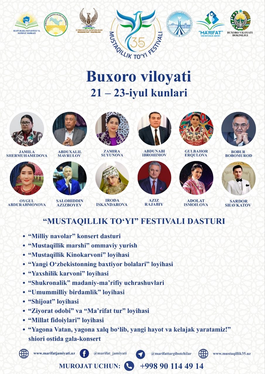 🇺🇿 Mamlakatimiz mustaqilligining 35 yilligi munosabati bilan joriy yilning 21–23-iyul kunlari Buxoro viloyatida "Yagona Vatan, yagona xalq bo‘lib, yangi hayot va kelajak yaratamiz!" shiori ostida "Mustaqillik to‘yi" festivali bo‘lib o‘tadi.